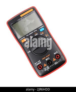 Schwarz digitales Multimeter auf weißem Hintergrund an trockenen Tag isoliert Stockfoto