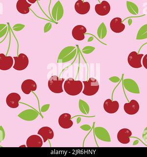 Rotes Kirschmuster auf rosa Hintergrund. Lebensmittelstruktur. Vektor-Illustration nahtlose Muster-Design Stock Vektor