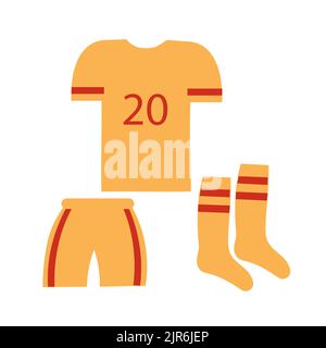 Fußballspielerkleidung. T-Shirt, Kugeln und Kniestrümpfen sind Attribute der Kleidung des Fußballspiels. Designelement. Stock Vektor