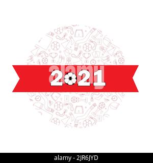 Einladungskarte mit 2021 Jahr und Ball. Nahtlose Doodle-Objekte zum Fußballspielen. Flache Vektorgrafik. Stock Vektor