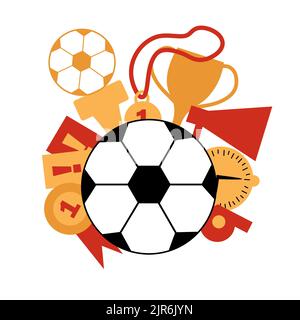 Einen Fußball mit einem Pokal, einer Medaille, Preisen, Lautsprechern, Karten, Pfeife und Uhr. Fußballspiel-Attribute für Postkarte, Logo oder Design. Flach Stock Vektor