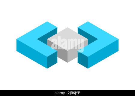 Symbol für Winkelklammern 3D. Kubisches Programmiersymbol. Ungleich, kleiner oder größer als. Isometrische Projektion. Symbol für die Programmsprache. Mathe-Zeichen. Stock Vektor