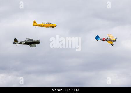 North American AT-6 Texan, Harvard T-6 & Boeing Stearman wurden auf der Fly Navy Airshow in Shuttleworth am 3.. Juli 2022 in Luft getragenen Stockfoto