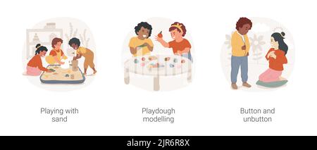 Feinmotorik in der Kinderbetreuung isoliert Cartoon Vektor Illustration set. Spielen mit Sand, PlayDough Modellierung, Button und Unbutton, kinetische Spielplatz, Hand und Finger Entwicklung Vektor Cartoon. Stock Vektor