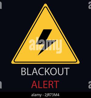 Stromausfall Blackout Warnschild gelb Dreieck Blitz Strom dunkelgrau Hintergrund Stockfoto