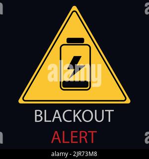 Stromausfall Blackout Warnschild gelb Dreieck Batterie Strom dunkelgrau Hintergrund Stockfoto