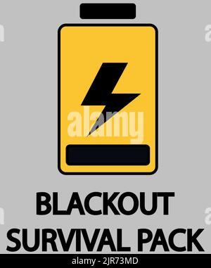 Stromausfall Blackout Survival Pack Zeichen gelbe Batterie Blitz Strom grauen Hintergrund Stockfoto