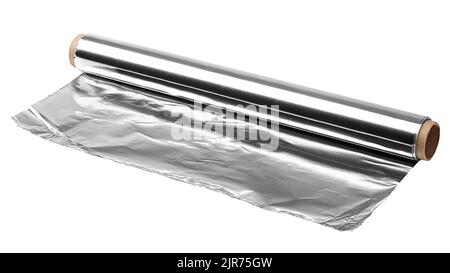 Aluminiumfolie, isoliert auf weißem Hintergrund, Beschneidungspfad, volle Schärfentiefe Stockfoto