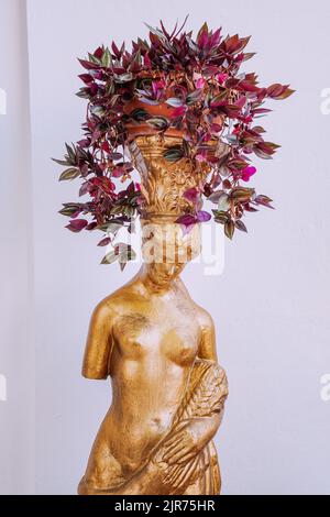 Ein Blumentopf mit einer Pflanze in Form einer Statue der Göttin der Liebe Aphrodite in Griechenland Stockfoto