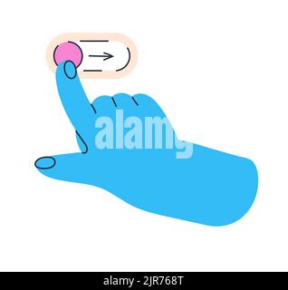 Bunte Handspress auf Knopf. Verschiedene Gesten zeichnen Vektor. Schalter für die menschliche Hand. Stock Vektor