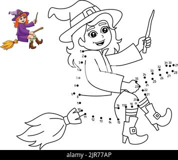 Dot to Dot Witch Girl auf Broomstick Coloring Page Stock Vektor