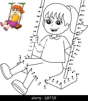 Dot to Dot Girl on A Swing Malseite für Kinder Stock Vektor