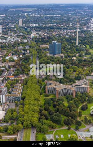 Luftaufnahme, begrünter Rheinlanddamm mit Signal Iduna Zentrale, Westnetz GmbH Gebäude und Florianturm im Stadtteil Westfalenhalle in Dortmund Stockfoto