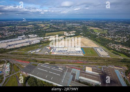 Luftaufnahme, Baustelle mit dem Neubau des REWE Logistikzentrums an der Walzwerkstraße an der alten Westfalenhütte im Stadtteil Bors Stockfoto