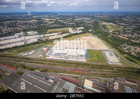 Luftaufnahme, Baustelle mit dem Neubau des REWE Logistikzentrums an der Walzwerkstraße an der alten Westfalenhütte im Stadtteil Bors Stockfoto