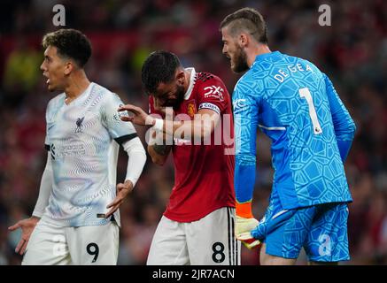 Bruno Fernandes von Manchester United reagiert, nachdem Liverpool beim Premier-League-Spiel in Old Trafford, Manchester, ihr erstes Tor erzielt hat. Bilddatum: Montag, 22. August 2022. Stockfoto