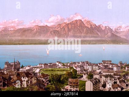Montreux, Savoy Mountains and Lake Geneva, Waadt, Schweiz 1890. Stockfoto