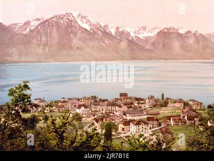 Montreux, Savoy Mountains and Lake Geneva, Waadt, Schweiz 1890. Stockfoto