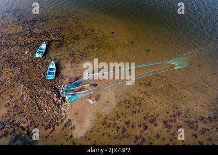 Traditionelle Lachsfischerei auf dem River Tweed in Gardo Fishery, Berwick upon Tweed, Northumberland, England, Großbritannien Stockfoto