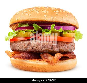 Köstliche Fast Food, Burger, Hamburger, Cheeseburger, isoliert auf weißem Hintergrund, volle Tiefenschärfe, Clipping Pfad Stockfoto