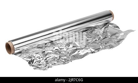 Aluminiumfolie, isoliert auf weißem Hintergrund, Beschneidungspfad, volle Schärfentiefe Stockfoto