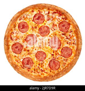 Pizza Pepperoni, isoliert auf weißem Hintergrund, Schnittpfad, volle Schärfentiefe Stockfoto