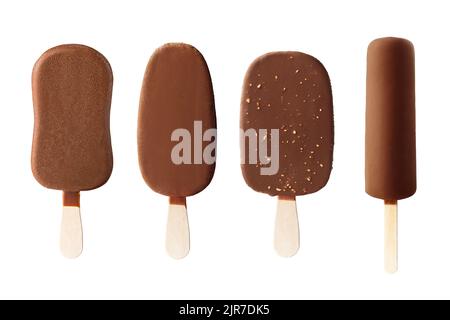 Set von verschiedenen Arten von Eis, isoliert auf weißem Hintergrund, Beschneidungspfad Stockfoto