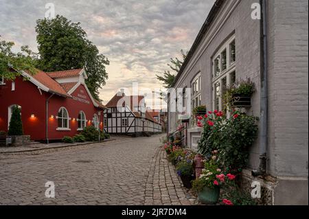 Blumen auf dem Bürgersteig vor einem alten Haus in der idyllischen Stadt Mariager, Dänemark, 7. August 2022 Stockfoto