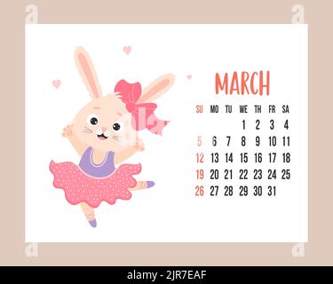 Kalender März 2023. Cute Hase Mädchen Ballerina im Kleid tanzt auf spitzenschuhe. Kaninchen ist Symbol 2023 Jahr zu chinesischen Tierkreis. Vektorgrafik. hor Stock Vektor