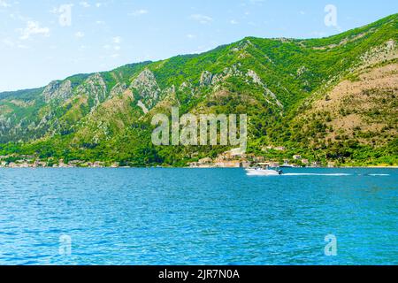 Perast, Montenegro - 28. Mai 2022: Wunderschöne Sommerlandschaft an der Küste der Bucht von Kotor - Boka Bay Stockfoto