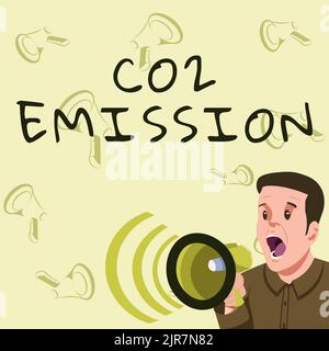 Konzeptunterschrift CO2 Emission, Geschäftsidee Freisetzung von Treibhausgasen in die Atmosphäre im Laufe der Zeit Geschäftsmann im Gespräch mit Megaphon Makin Stockfoto