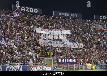 Bologna, Italien. 21. August 2022. Die Fans von Bologna zeigen ihre Unterstützung während des FC Bologna gegen Hellas Verona, 2Â Serie A Tim 2022-23 Spiel im Renato Dall'Ara Stadium in Bologna (BO), Italien, am 21. August 2022. Kredit: Unabhängige Fotoagentur/Alamy Live Nachrichten Stockfoto