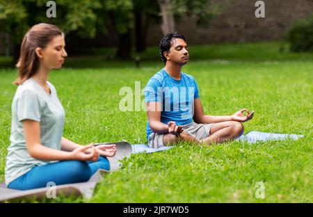 Eine Gruppe von Menschen, die im Sommerpark Yoga machen Stockfoto
