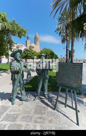 Denkmal für Santiago Rusi ol und Ramon Casas in Sitges, Spanien. Stockfoto