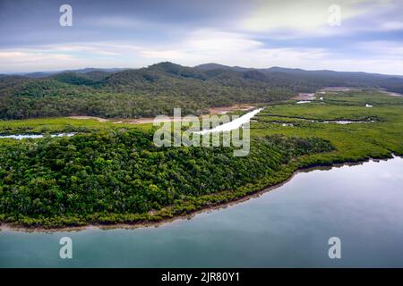 Luftaufnahme von Mangroven am Ufer des Graham Creek auf Curtis Island Queensland Australia Stockfoto