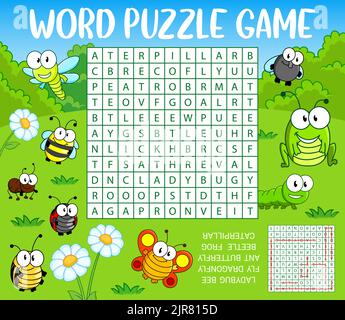 Cartoon Insekten auf grüner Wiese. Wortsuche Puzzle-Spiel Arbeitsblatt. Kinder-Quiz-Raster, Wortschatz-Rätsel oder Quiz mit Marienkäfer, Biene und Fliege, Libelle, Käfer und Frosch, Raupe, ameise und Schmetterling Stock Vektor