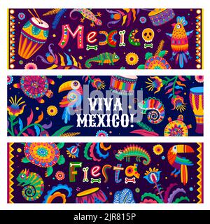 Viva Mexico, brasilianische Festa-Banner. Vektor mexikanischen Tukan und Papageien Vögel, Chamäleon und Gecko Eidechsen, Brasilien Blumen, Pflanzen, Trommeln und Schildkröten mit Dia de los Muertos Zuckerschädel Stock Vektor