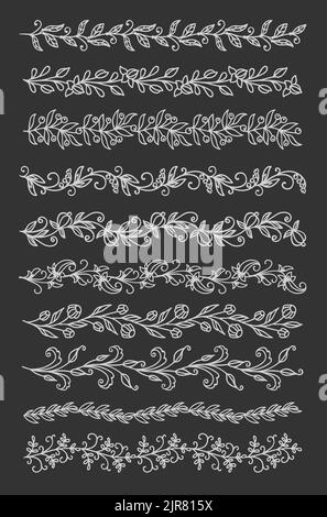 Umreißen Sie Zweige und Zweige mit Blumenmuster. Bordüren. Hochzeitskarte und Zertifikat unterstreichen Dekorationen und Vektor-Bordüren, Vignette florale Separatoren, Trennwände mit Pflanzenblättern, Beeren, Blumen Stock Vektor
