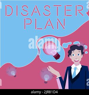 Handschrift Text Katastrophenplan. Wort für „Reagieren auf Notfallbereitschaft“ Überlebenskampf und „Verbandskit“-Mann mit innovativen Ideen, die das Erreichen von Ziele erreichen Stockfoto