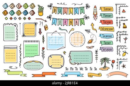 Bullet Journal Farbe Doodle, Kalender oder Notizbuch Rahmen, Aufkleber und Banner, Vektor-Element. Pfeile auf der Seite „Bullet Journal“ oder Skizzenbuch-Etiketten für Wochentage und Notizbänder für Kalenderplaner Stock Vektor