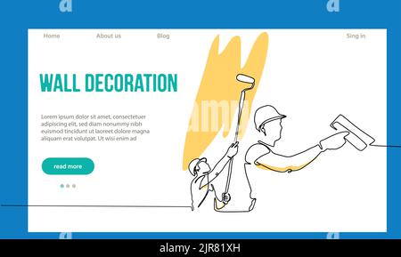 Hausreparaturkonzept. Zielseite Der Website. Arbeiter In Der Werkstatt Machen Arbeiten Aus House. Cartoon-Figuren Malen Sie Wände Und Setzen Fliesen. Vektorgrafik Für Lineare Umrisse. Stock Vektor