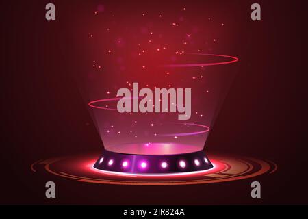 Roter Kreis Portal, Teleport, Hologramm Gadget. Leeres Display, Bühne oder magisches Portal, Podium für Showprodukt im futuristischen Cyberpunk- oder hud-Stil. Sci- Stock Vektor
