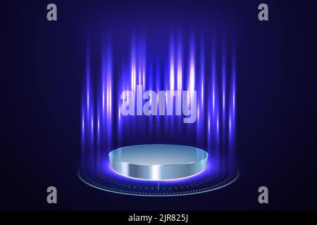 Blauer Kreis Portal, Teleport, Hologramm Gadget. Leeres Display, Bühne oder magisches Portal, Podium für Showprodukt im futuristischen Cyberpunk- oder hud-Stil. Sci Stock Vektor