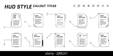 HUD-Legende im futuristischen Stil auf weißem Hintergrund. Infografik Call Pfeilschaltleisten und moderne digitale Info vertikale Frame Layout-Vorlagen. Interface-FUI und GUI-Elementsatz. Vektorgrafik Stock Vektor