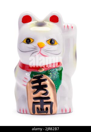 Maneki Neko Good Luck Katze auf Weiß ausgeschnitten. Stockfoto