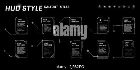 HUD-Legende im futuristischen Stil auf schwarzem Hintergrund. Infografik Call Pfeilschaltleisten und moderne digitale Info vertikale Frame Layout-Vorlagen. Interface-FUI und GUI-Elementsatz. Vektorgrafik Stock Vektor