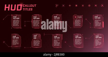HUD-Legende im futuristischen Stil auf rotem Hintergrund. Infografik Call Pfeilschaltleisten und moderne digitale Info vertikale Frame Layout-Vorlagen. Hi-Tech-Interface-FUI und GUI-Elementsatz. Vektor-eps Stock Vektor