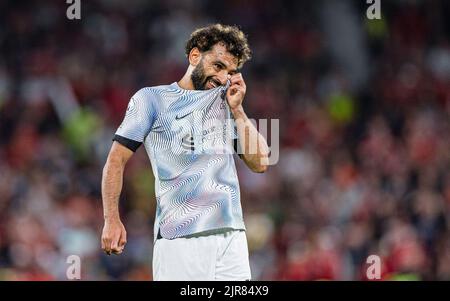 Manchester, Großbritannien. 23. August 2022. Mohamed Salah aus Liverpool sieht am 22. August 2022 beim Spiel der englischen Premier League zwischen Manchester United und Liverpool in Manchester, Großbritannien, niedergeschlagen aus. Quelle: Xinhua/Alamy Live News Stockfoto