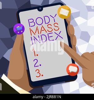 Text mit Inspiration Body Mass Index, Business Approach der Wert, der aus dem Gewicht und der Größe eines einzelnen Geschäftsmannes abgeleitet wurde, der ein Mobiltelefon hält Stockfoto