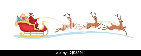 Der Weihnachtsmann mit einer Geschenktüte und einem Weihnachtsbaum fährt in einem Schlitten mit Rentieren, flacher Cartoon-Vektor-Silhouette in Farbe, isoliert auf weißem Backgroun Stock Vektor